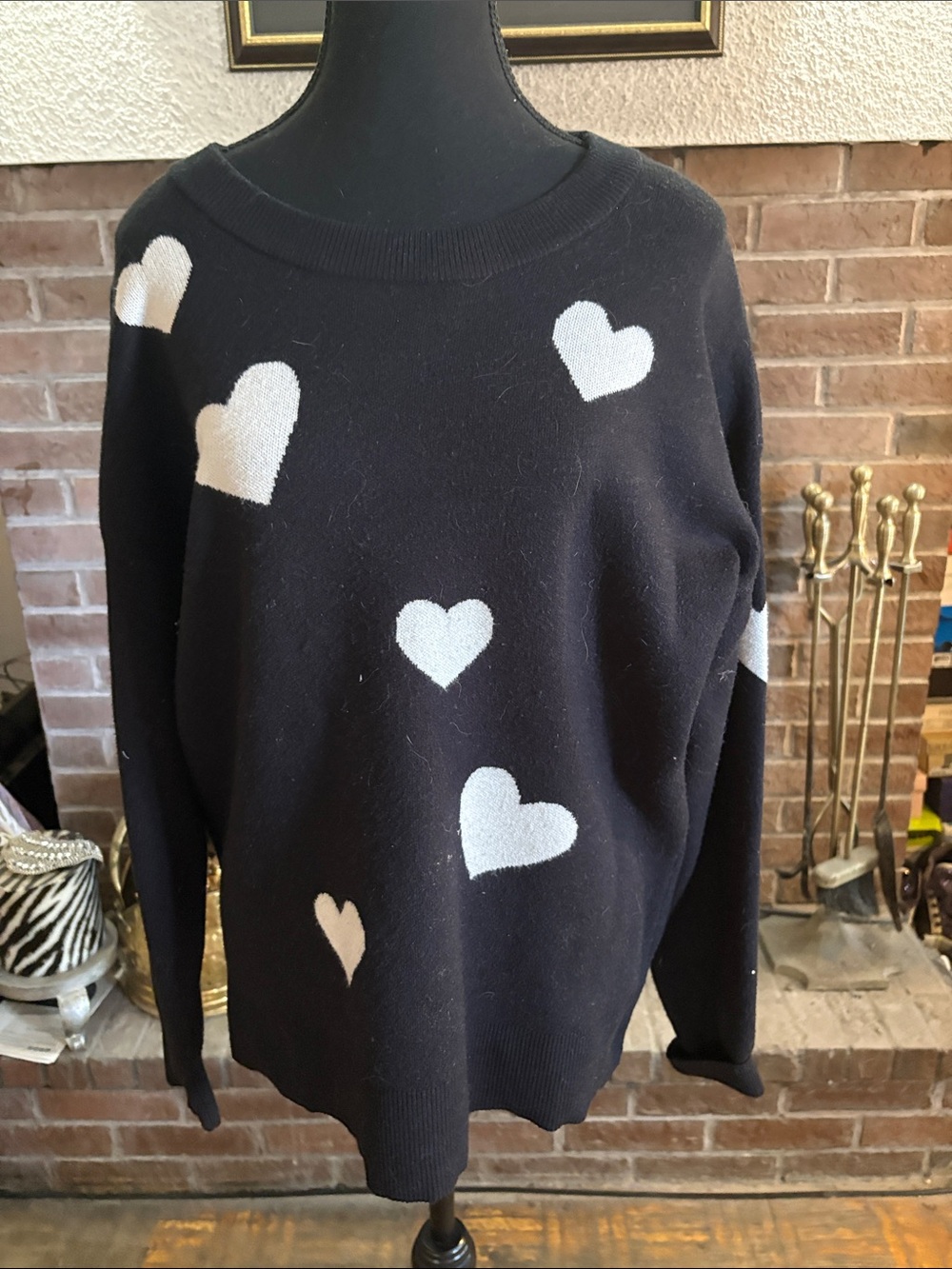 Tahari Black Crewneck Sweater with White Heart Motif